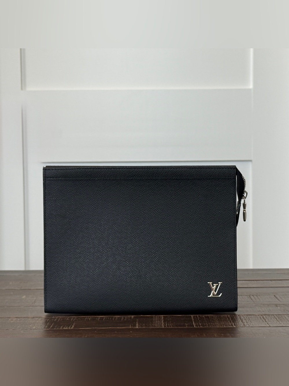 Louis Vuitton Black Leather Toiletry Pouch with Silver LV Accent